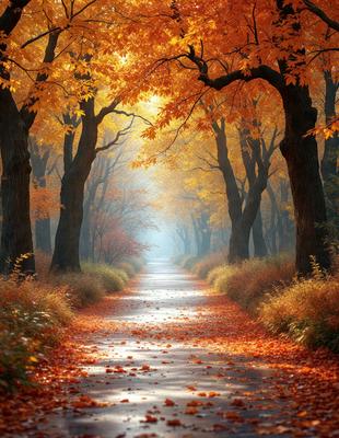 Primary subject: A tree-lined road with orange leaves.

Setting/background: The road is surrounded by trees with orange leaves, creating a picturesque and serene atmosphere.

Visual style: The image is a photo of the tree-lined road with orange leaves.

Colors and mood: The dominant colors are orange and yellow, which create a warm and inviting mood.